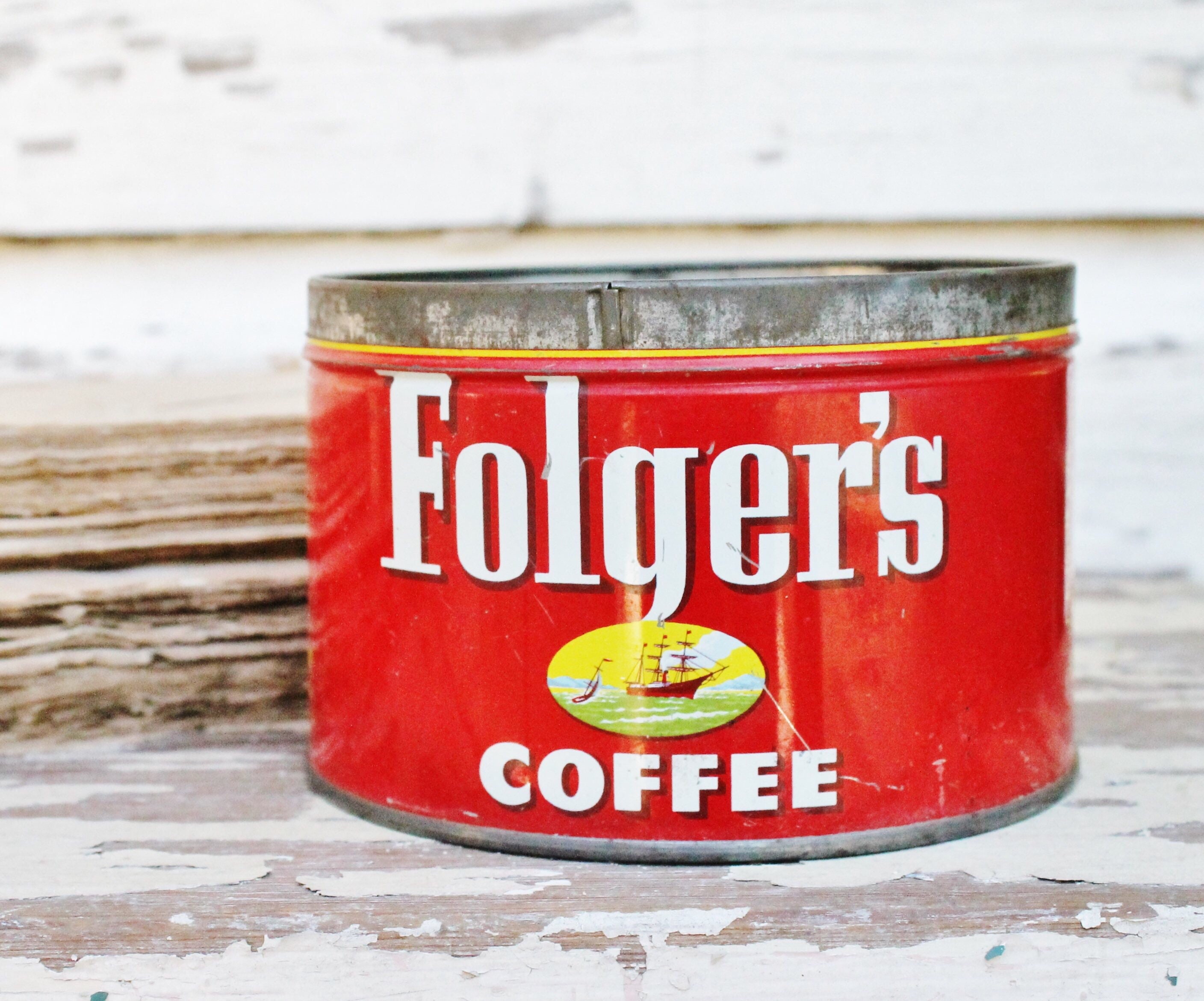 Vintage FOLGERS Coffee Can Tin Canister Farmhouse Decor Fixer Upper