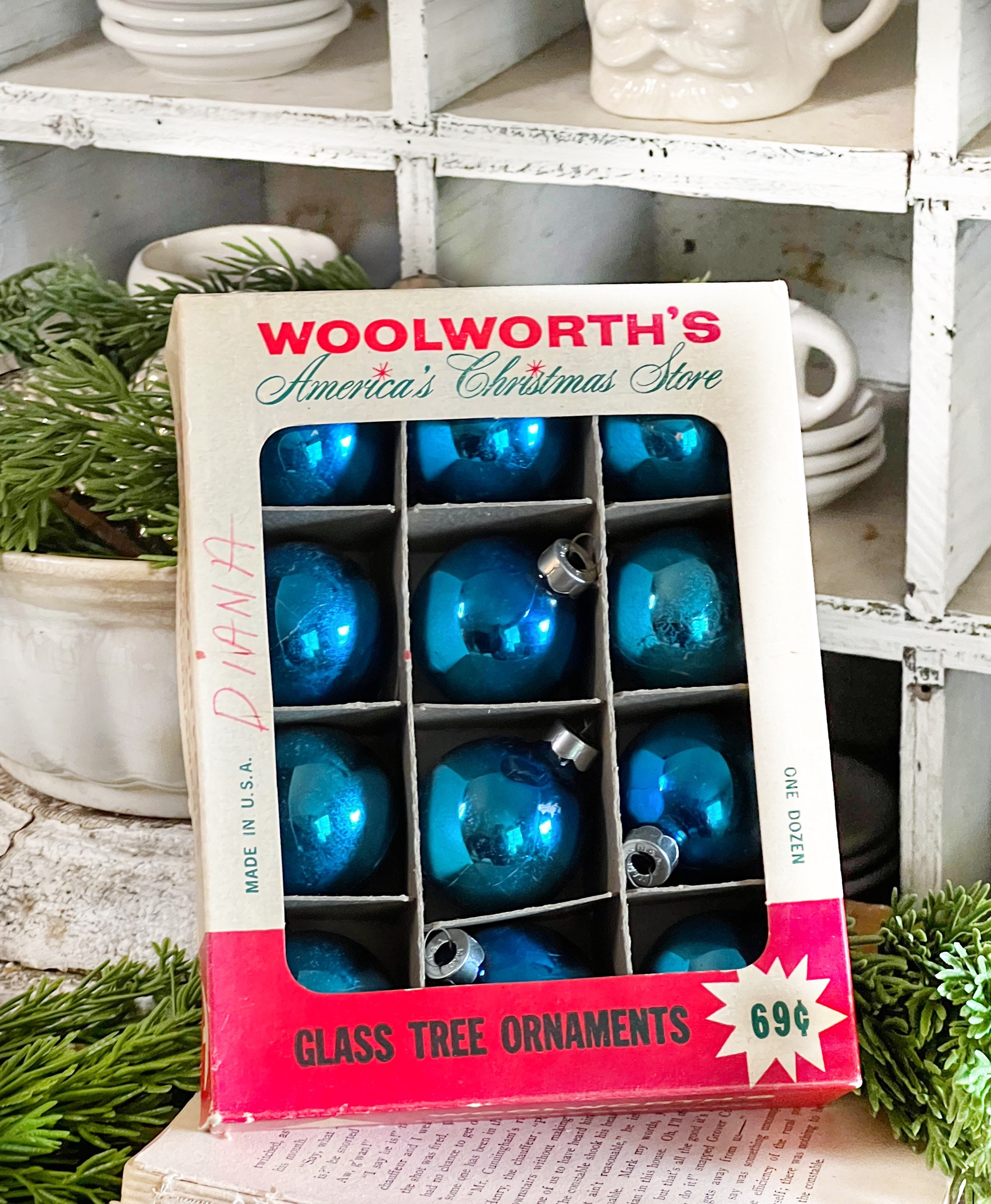Vintage WOOLWORTH Mercury Glass Christmas Ornaments BLUE Farmhouse Decor One Dozen 12