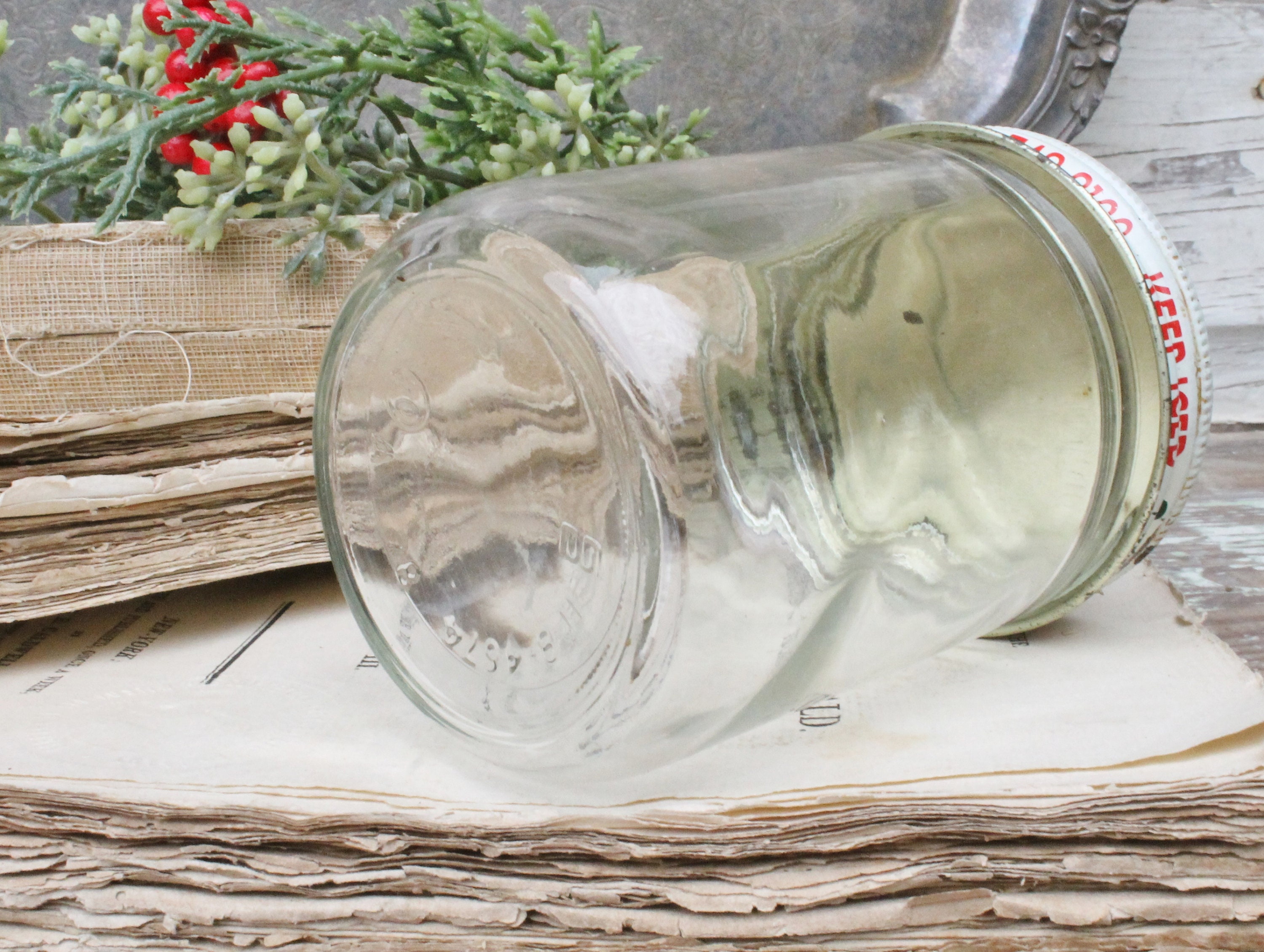 Vintage OYSTER Glass Jar with Lid RED GREEN Container Farmhouse Decor