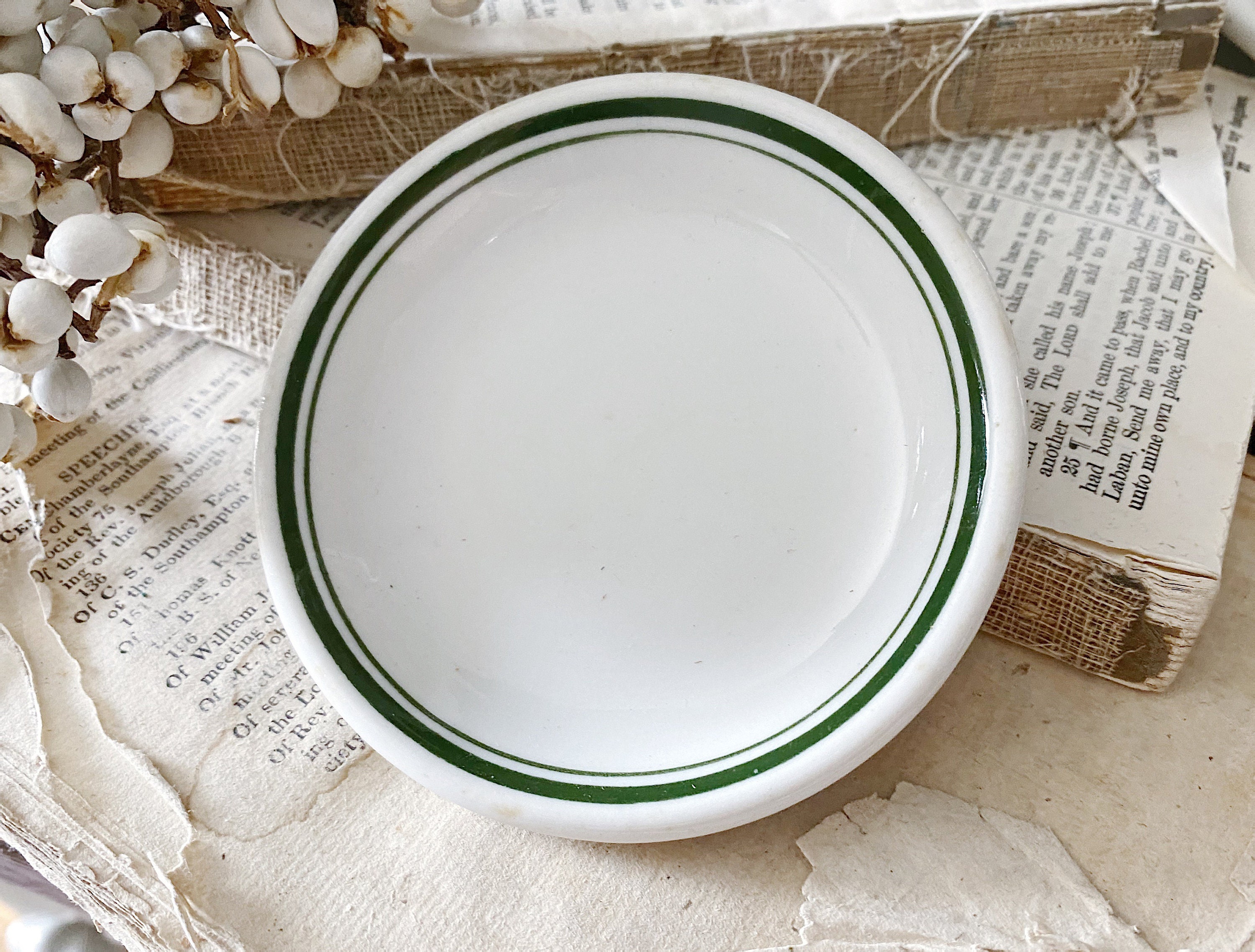 Antique White Ironstone Butter Pat With Green Stripe Farmhouse Decor