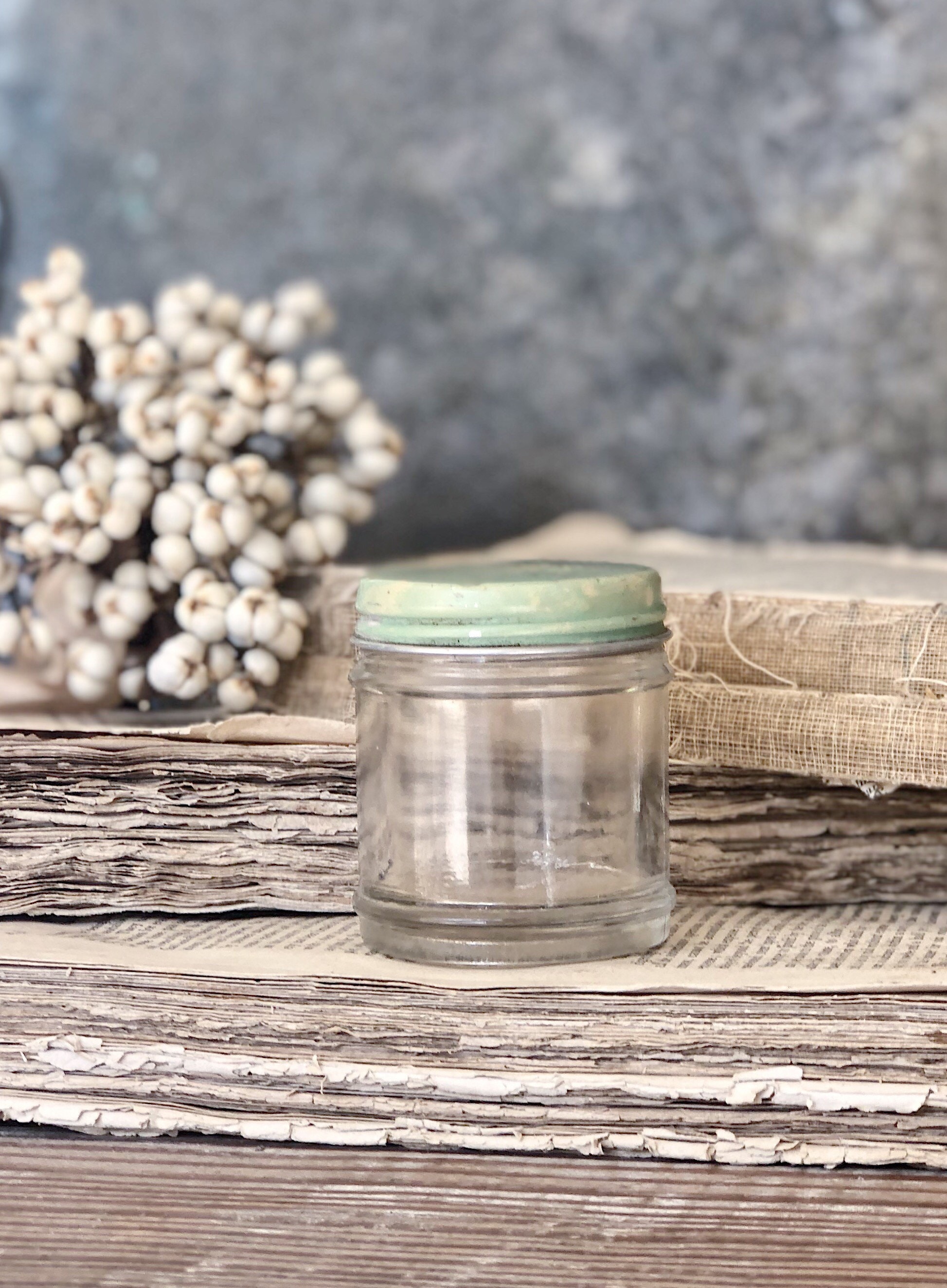Vintage PONDS Glass Jar Vanity Jar with GREEN Lid Farmhouse Decor