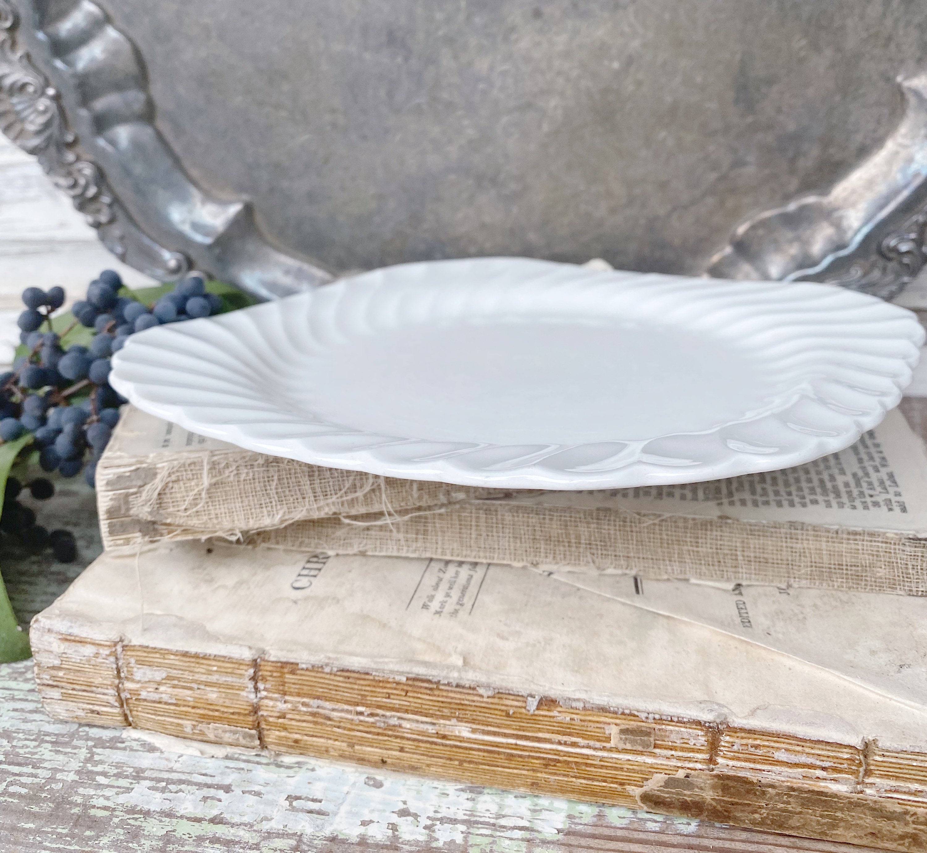 Vintage White Ironstone Scallop Plate Square JOHNSON BROS Snowhite