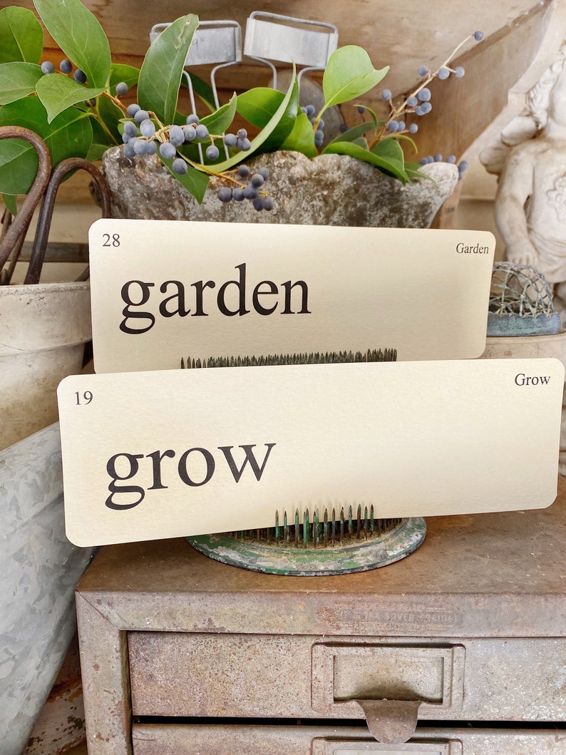 GARDEN Flash Cards LARGE Vintage Inspired Word Flashcard SET Of 8 Farmhouse Decor Spring Bloom Grow Flower Seeds image 3