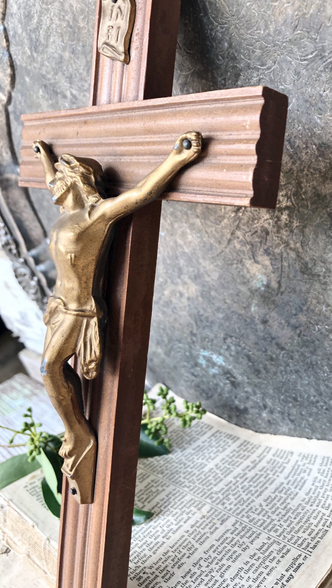 Vintage Crucifix Wood Metal INRI Wall Mount Hanging Religious Decor