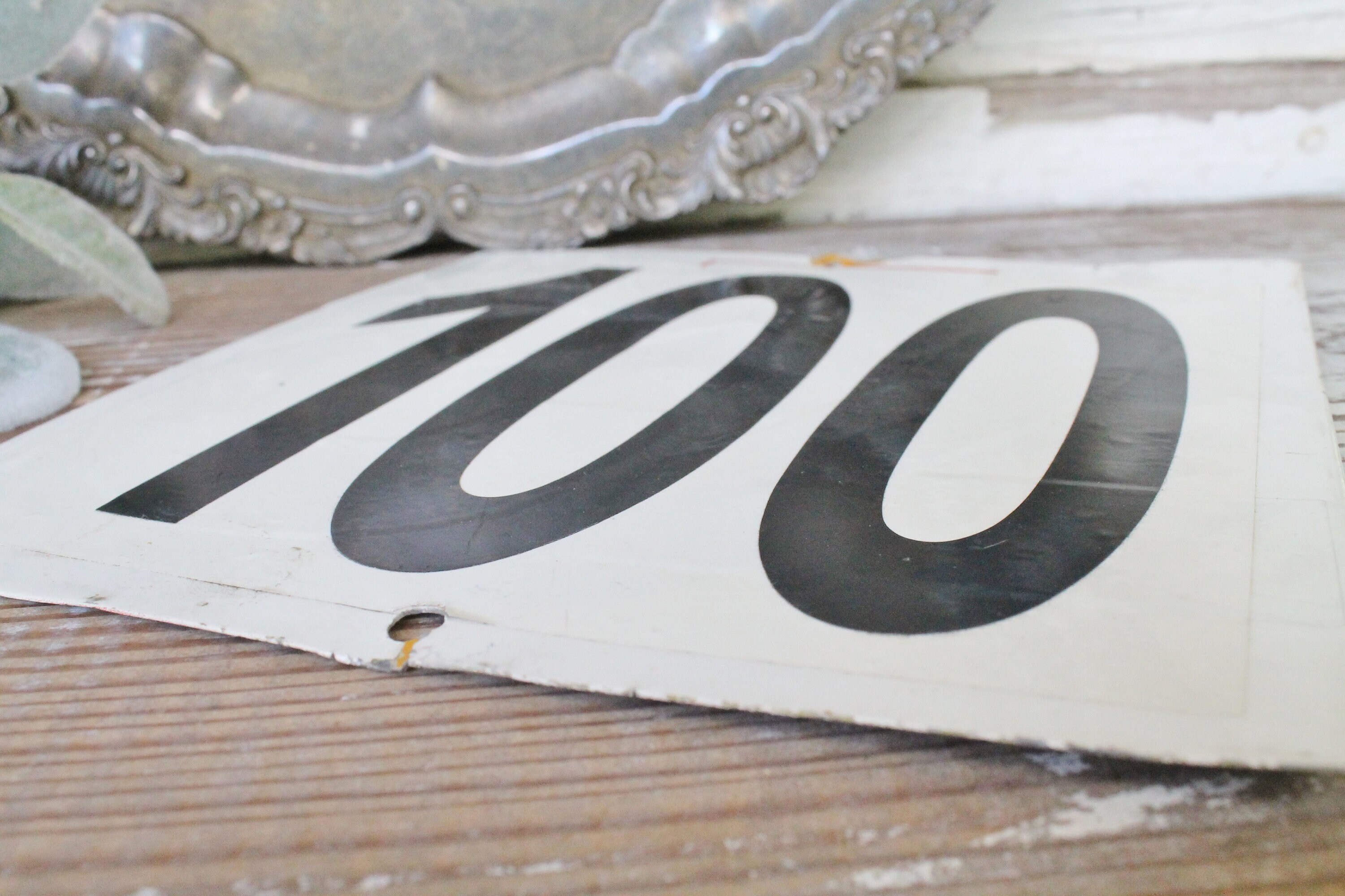 Vintage Metal Number Sign Farmhouse French Country Chic Black White 100