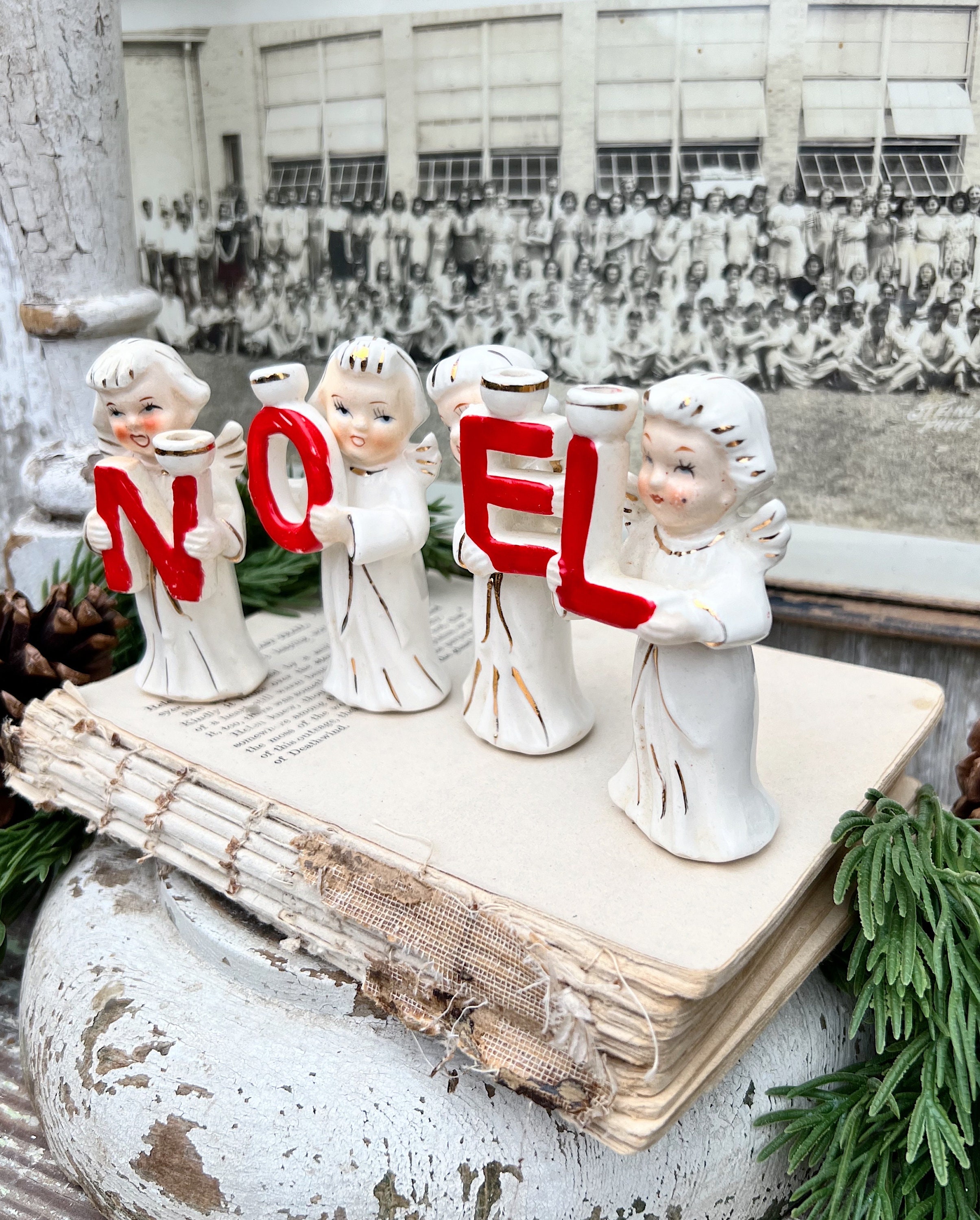 Vintage NOEL Candle Holders Angel CAROLERS Creamy WHITE Red Farmhouse