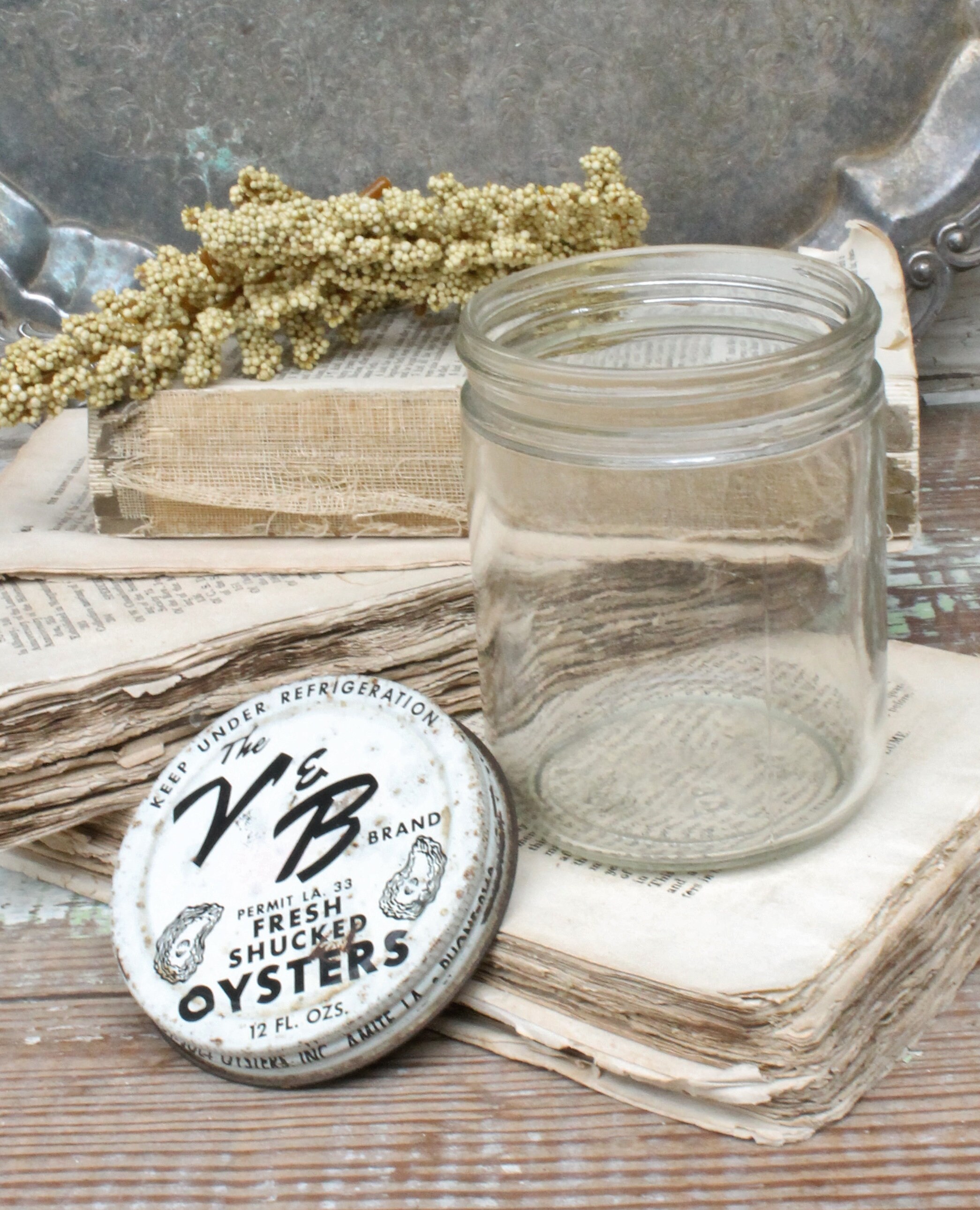 Vintage OYSTER Glass Jar with Lid Black and White BALL JAR Container