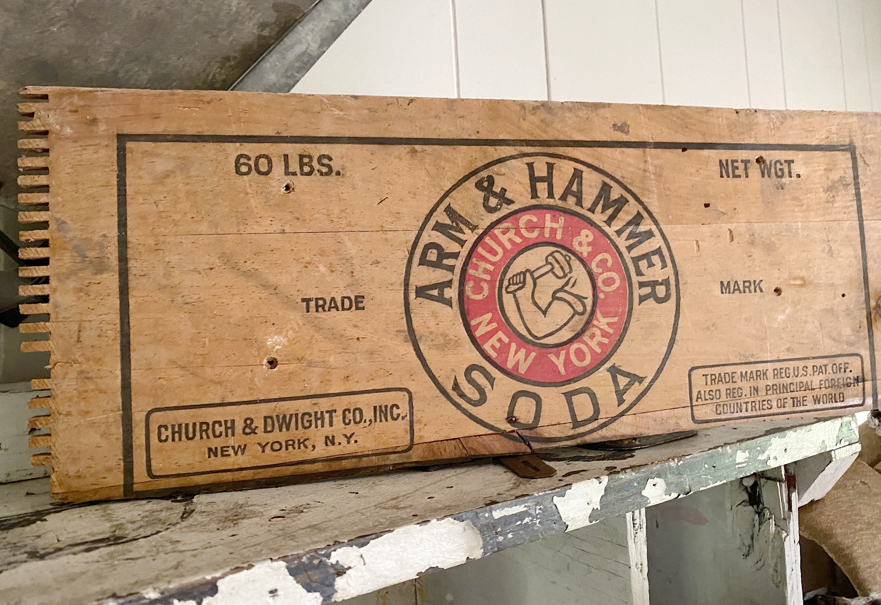 Antique ARM and HAMMER SODA Primitive Wooden Box Crate Panel