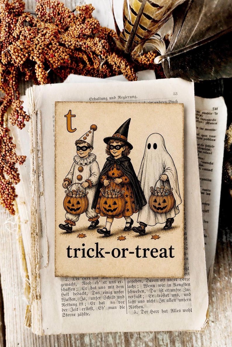 Op de afbeelding: Een rechthoekige print met een kleine letter t, de tekst trick-or-treat en een illustratie van drie kinderen in kostuum: een clown, een heks en een geest, elk met een pompoenemmer gevuld met snoep.