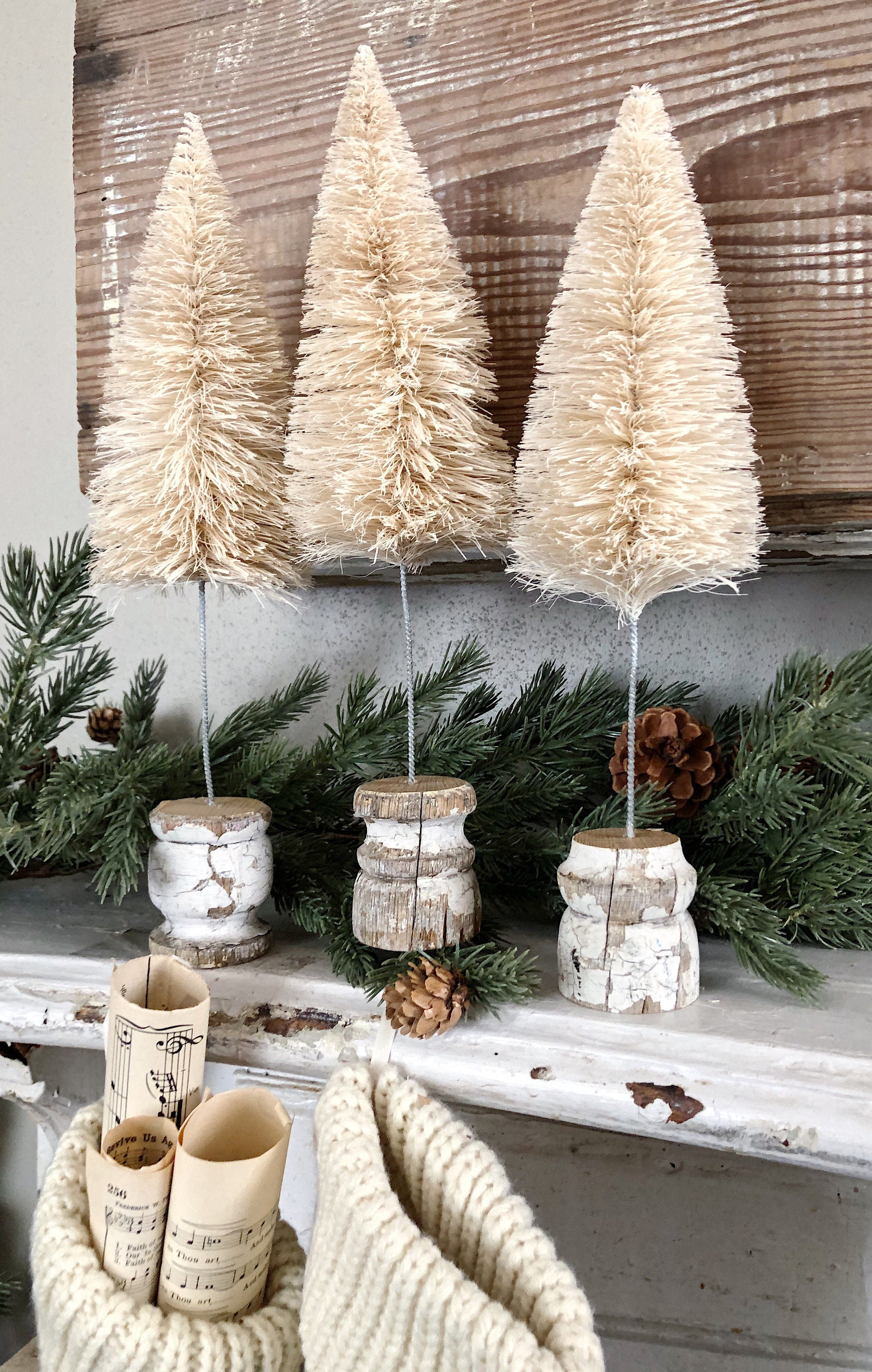 Christmas Bottle Brush Tree EXTRA LARGE With Salvaged Wood Base WHITE