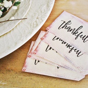 May include: A stack of vintage-style tags with the word "thankful" in elegant black script. The tags have a distressed, pinkish-red border and a small hole for hanging. A white, embossed plate and floral arrangement are in the background.