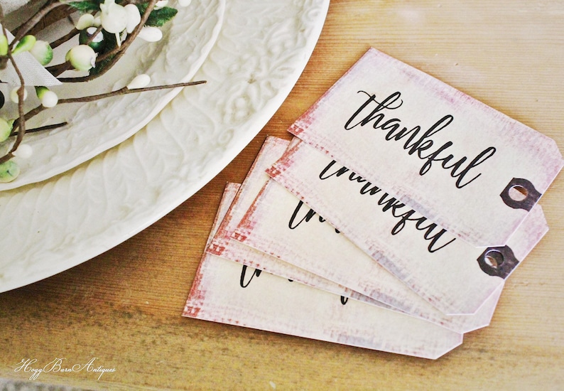 May include: A stack of vintage-style tags with the word "thankful" in elegant black script. The tags have a distressed, pinkish-red border and a small hole for hanging. A white, embossed plate and floral arrangement are in the background.