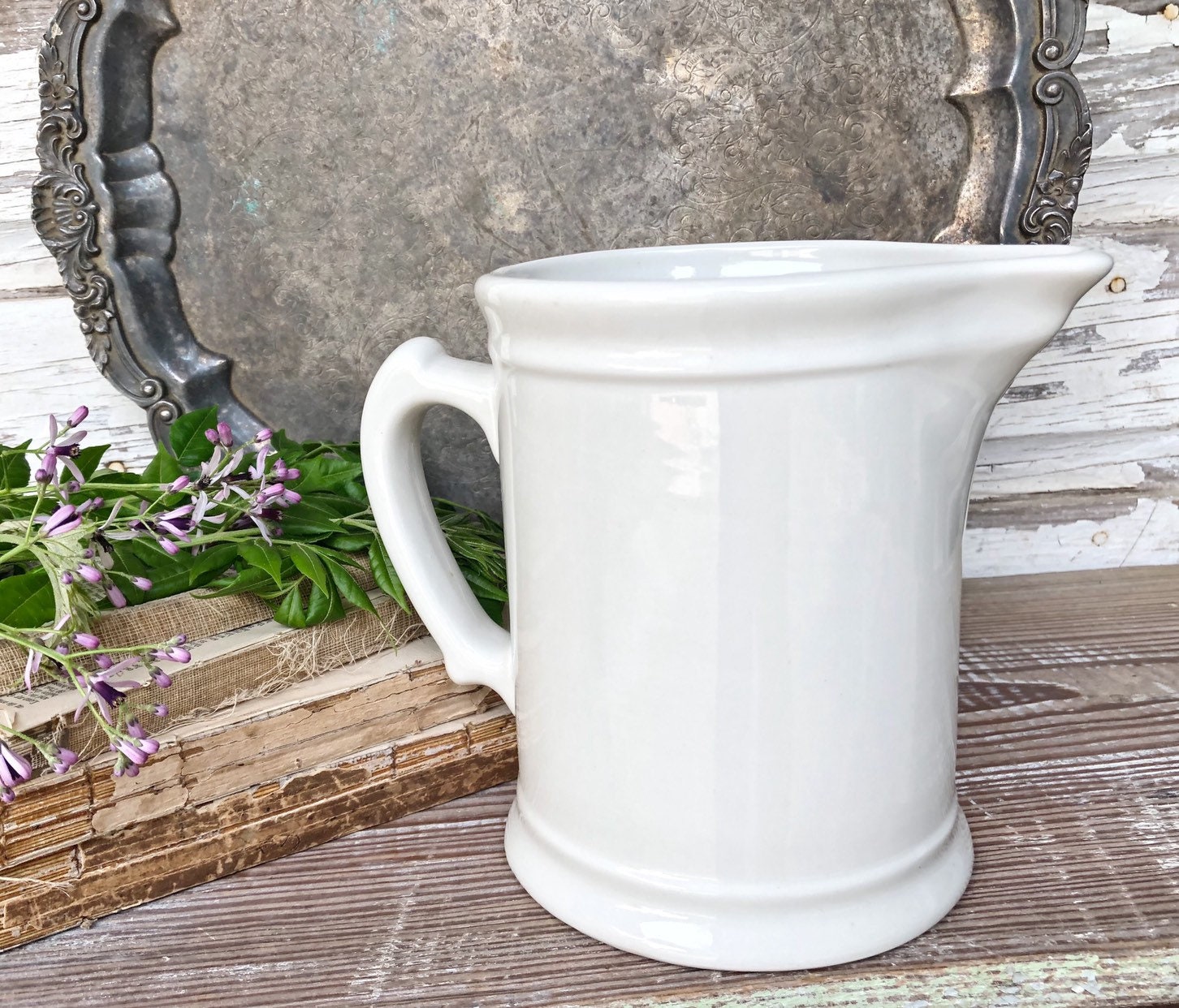 Antique White Ironstone Pitcher Jug HALL Farmhouse Decor Fixer Upper Decor