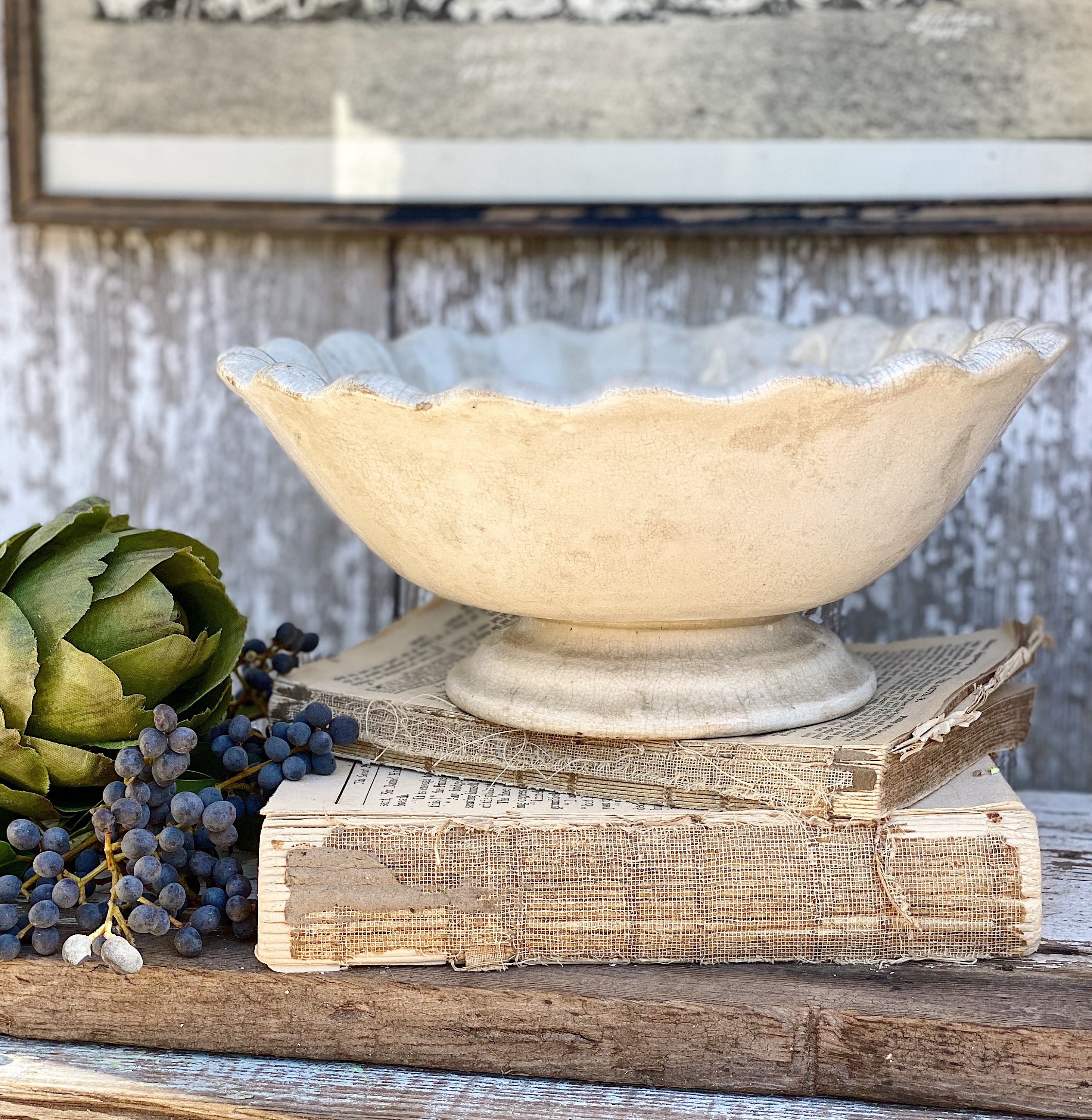 Antique White Ironstone Compote Bowl Lady Finger Scallop Footed MEAKIN