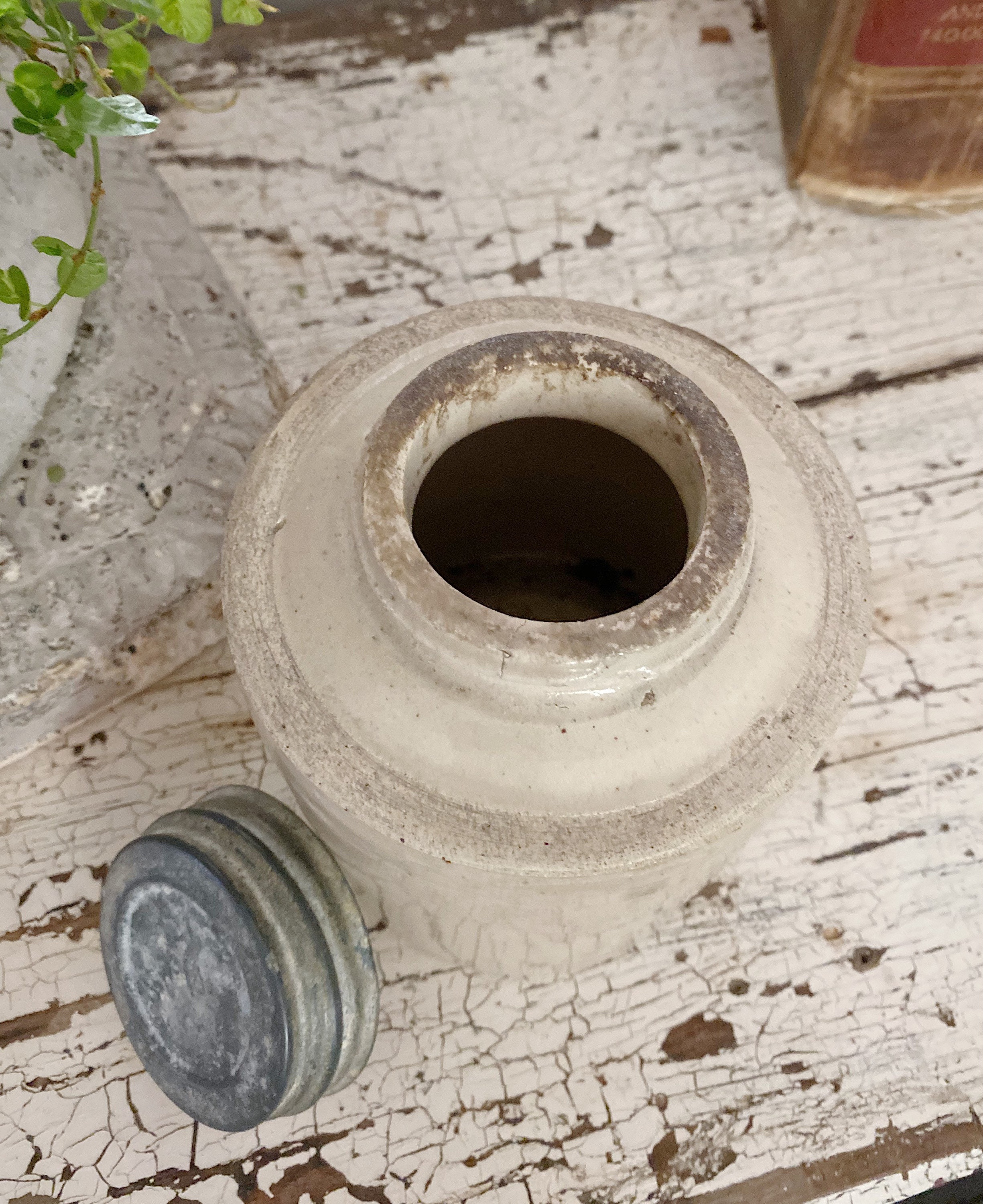 Antique Pottery Canning Jar Crock Salt Glaze Stoneware ATLAS Zinc Lid Farmhouse Decor
