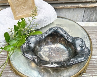 Antique Quadruple Plate Silver Bowl Tray Trinket Oval French Farmhouse Decor