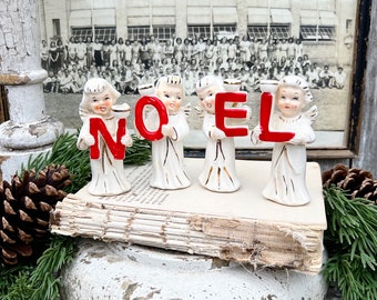 Vintage NOEL Candle Holders Angel CAROLERS Creamy WHITE Red Farmhouse Christmas Decor Letters