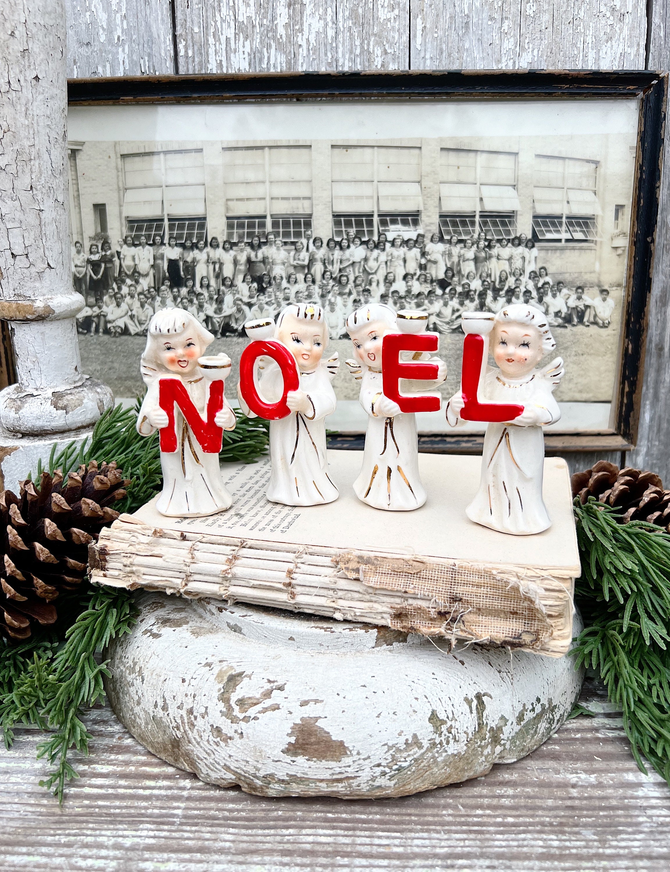 Vintage NOEL Candle Holders Angel CAROLERS Creamy WHITE Red Farmhouse