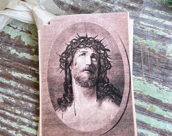 Gift Tags JESUS with Crown of Thorns Farmhouse Decor French Prayer Card Religious Christmas Christian Catholic