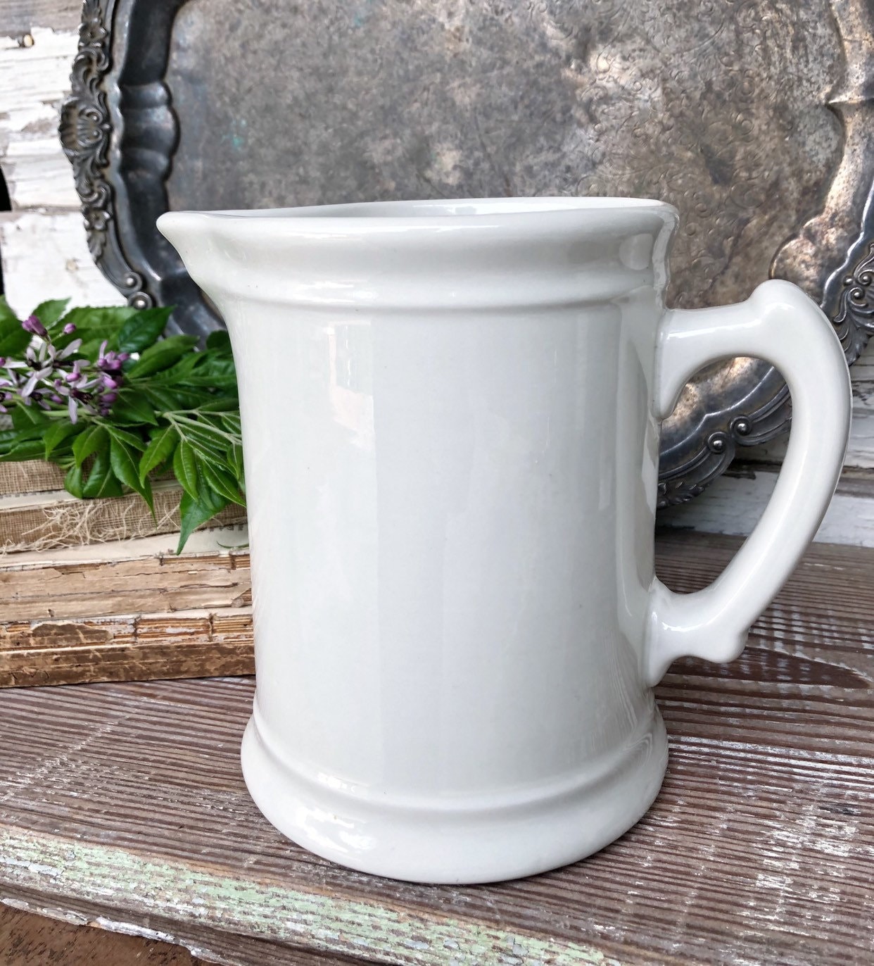 Antique White Ironstone Pitcher Jug HALL Farmhouse Decor Fixer Upper Decor