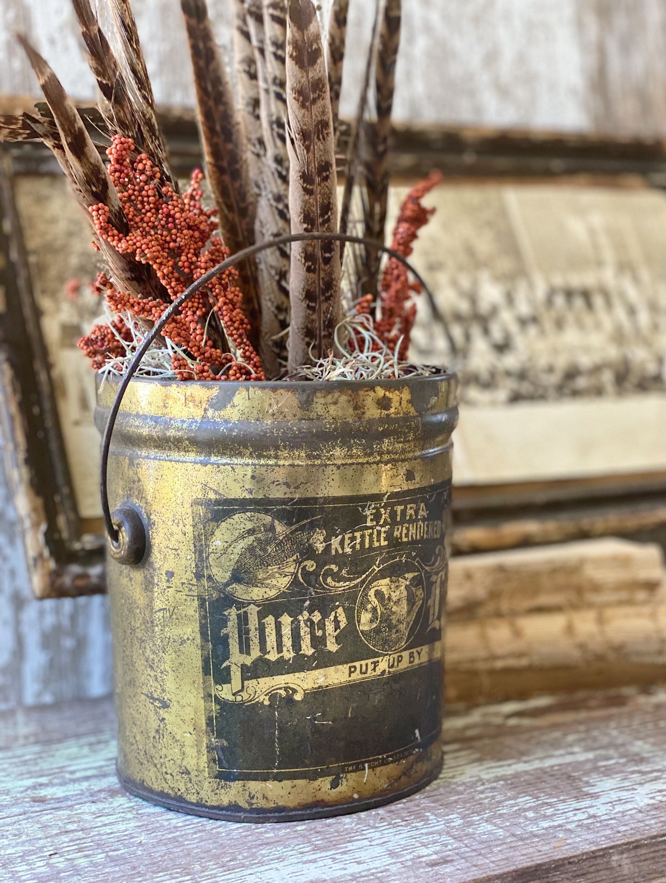 Antique Pure Lard Kettle Rendered Lard Bucket Pail Gold Black