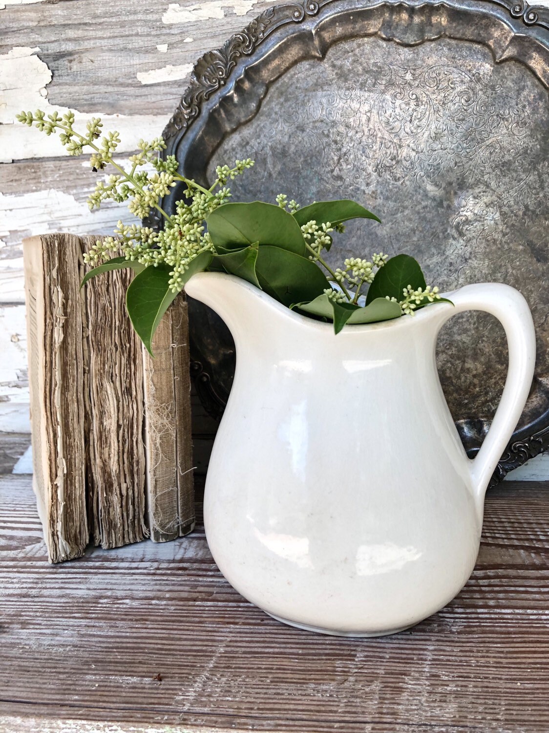 Vintage Creamy White Ironstone Pitcher Jug Farmhouse Decor Fixer Upper