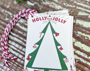 Christmas Gift Tags Vintage HOLLY JOLLY ORNAMENTS Red Green Farmhouse Decor Gift Wrap