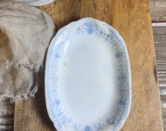 Antique White Blue Transferware Ironstone Soap Dish Platter Crazing Stained Chunky Thick Farmhouse Decor HENRY ALCOCK