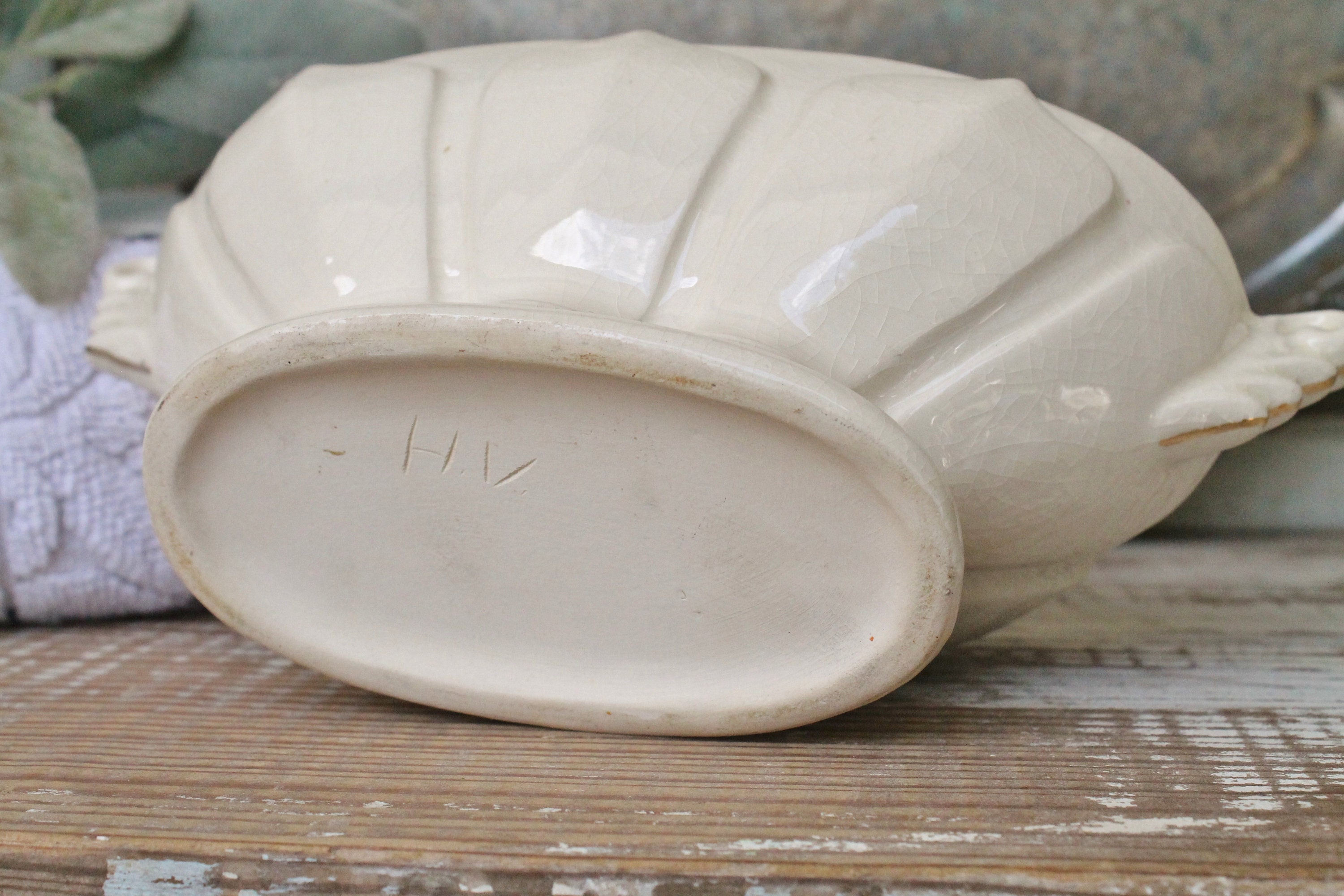 Vintage Footed Compote Tureen Bowl Pottery Cream White Farmhouse Decor Fixer Upper Decor