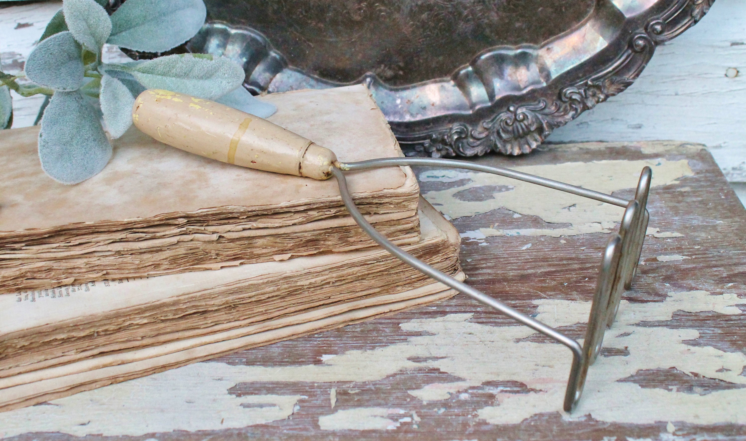 Vintage Potato Masher Wooden Handle Creamy White Metal Farmhouse Decor