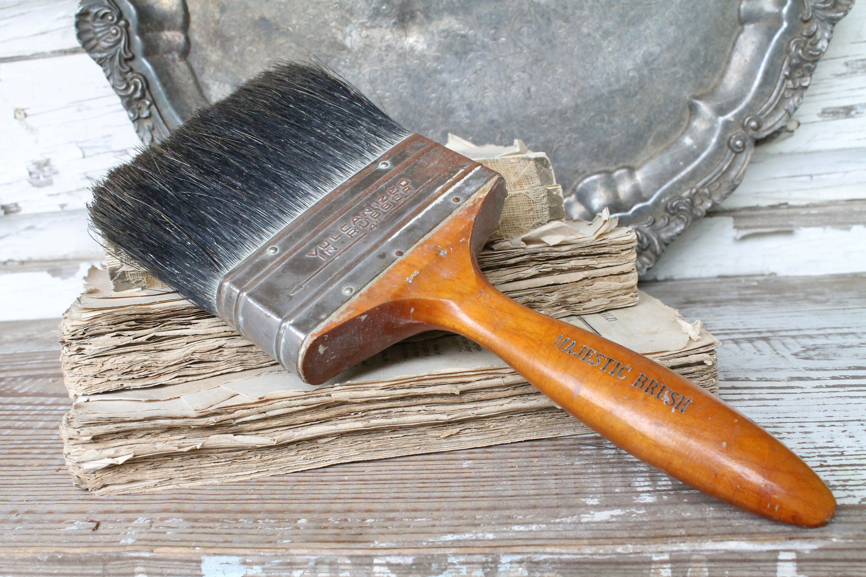 Vintage Paint Brush EXTRA LARGE Horse Hair Black Brown Farmhouse Decor