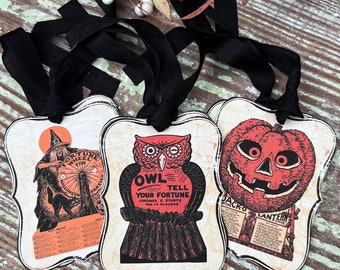HALLOWEEN Gift Tags RETRO Vintage Black Bracket Scull Farmhouse Decor Grungy Party Favor Halloween Card Tag Owl Pumpkin Witch Black Cat Fall