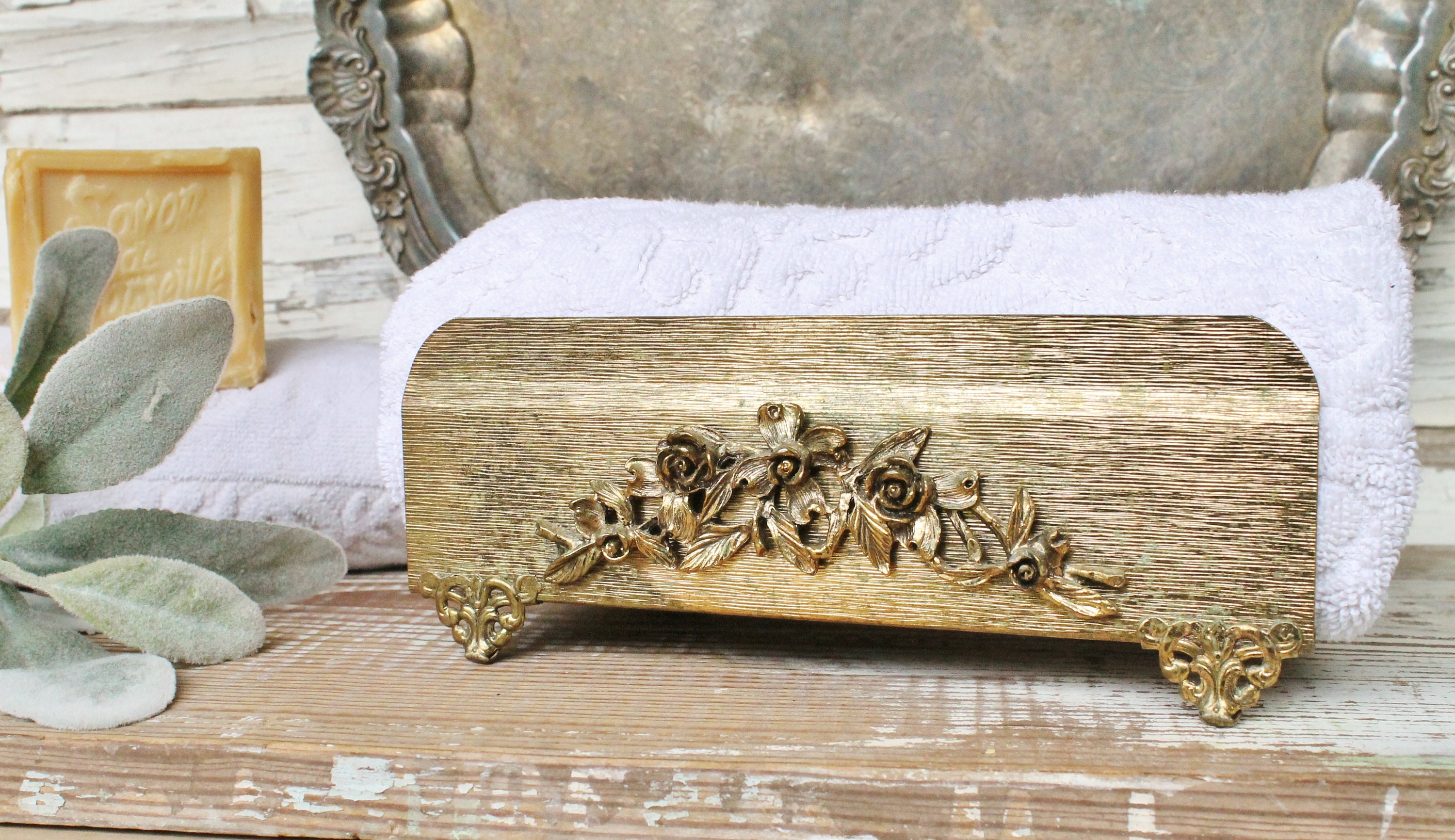 Vintage Gold Filigree Towel Holder Box French Italian Shabby Chic Paris