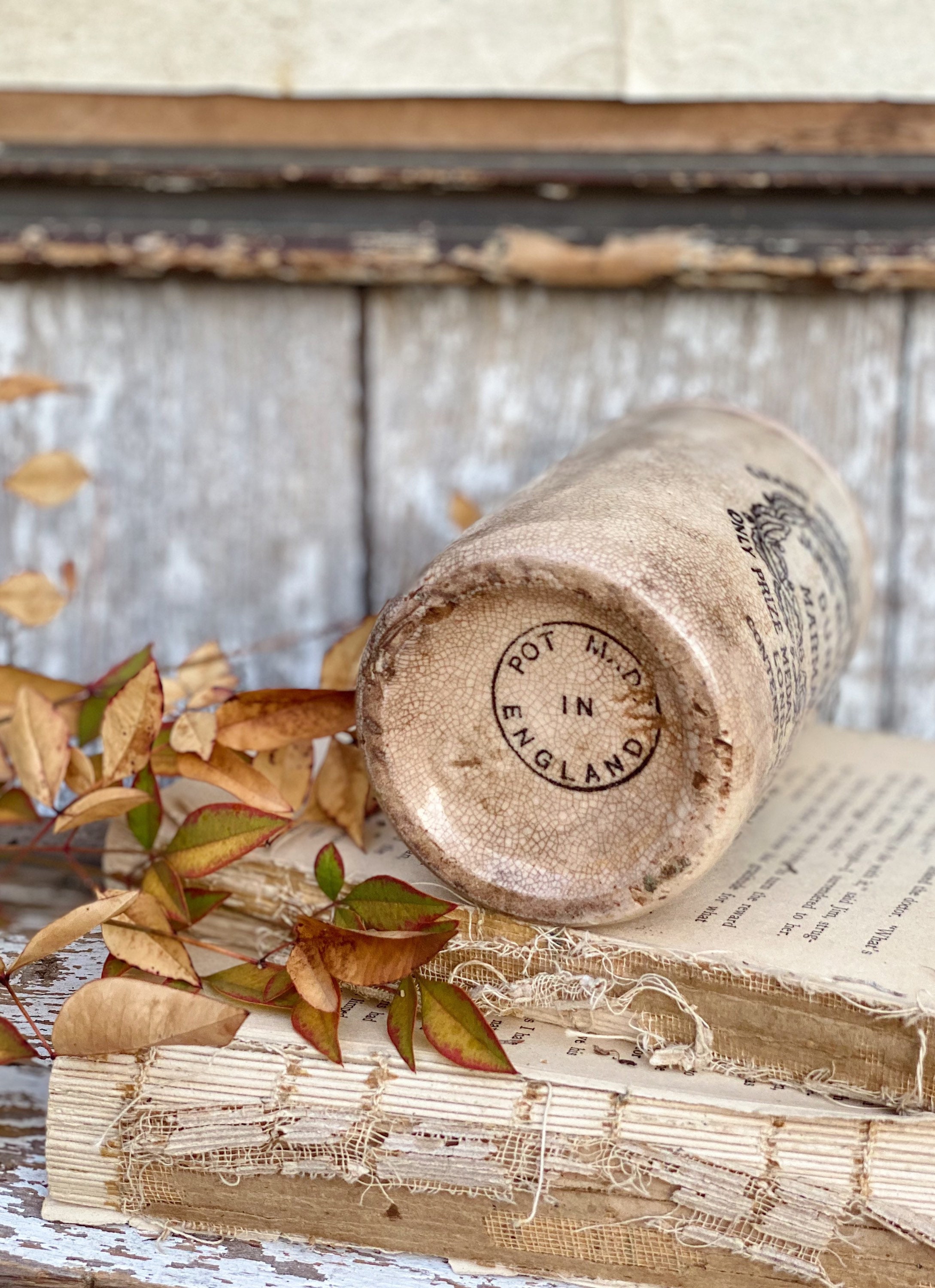 Antique Marmalade IRONSTONE Jar DUNDEE James Keiller Crock Farmhouse Decor England White Black 1