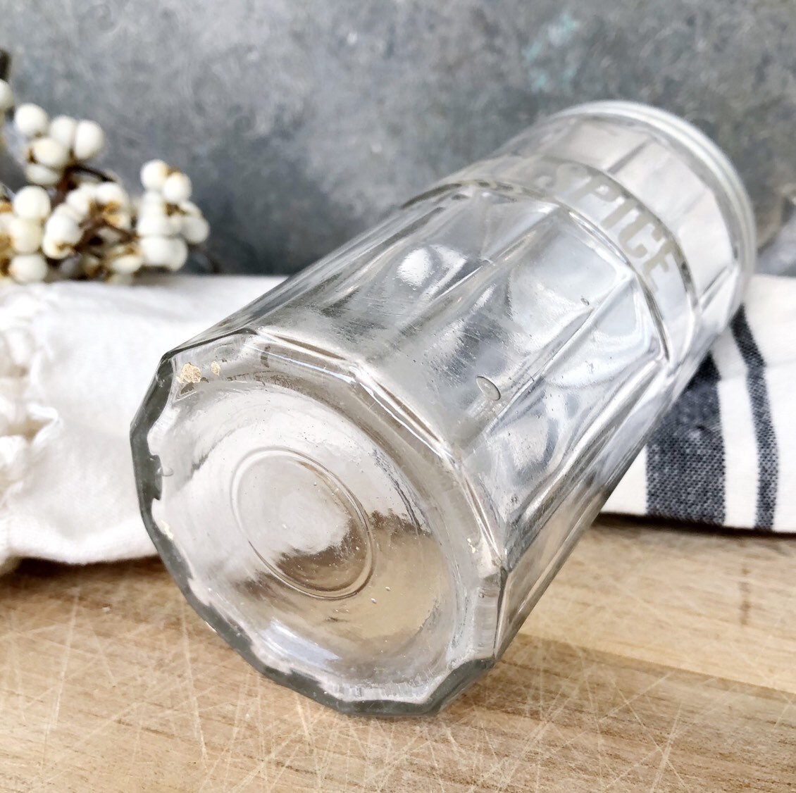 Antique Glass ALL SPICE JAR Silver Etched Farmhouse Decor Fixer Upper Decor