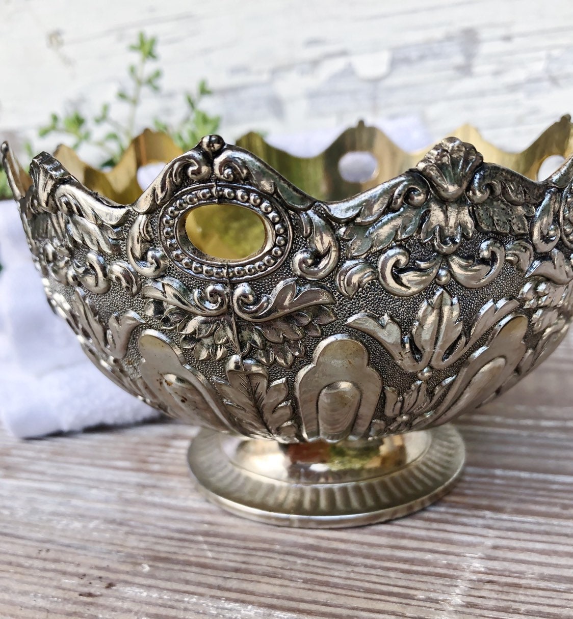 Antique Silver Scallop Footed Bowl with Handles Compote Pedestal Bowl Farmhouse Decor Fixer