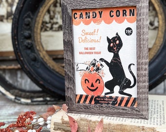 HALLOWEEN CANDY CORN  Sign Black Cat Frame Farmhouse Vintage Retro Print Decor Barn Wood Rustic Primitive Framed