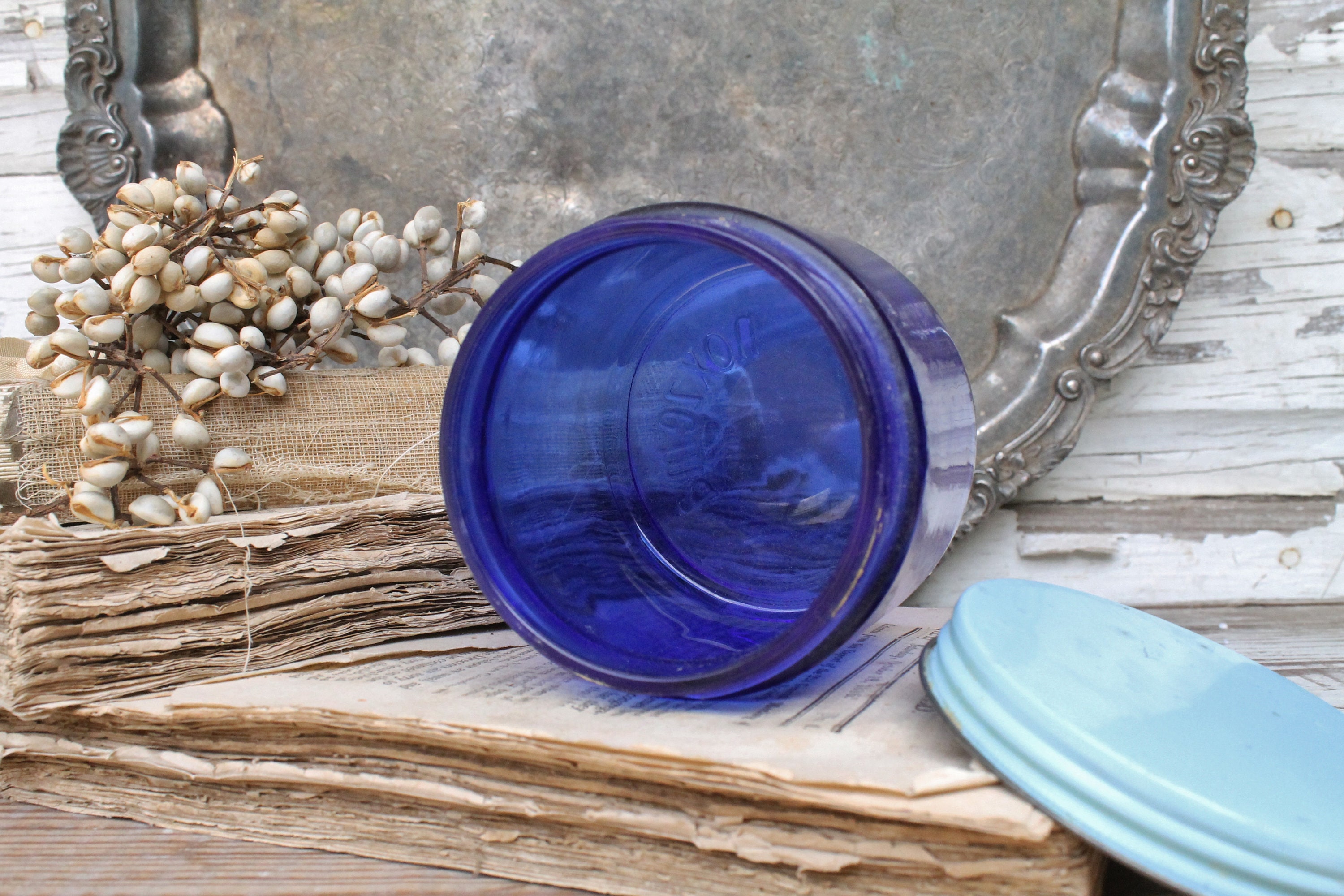 Vintage NOXZEMA Glass Jar COBALT BLUE Noxzema Shaving Lid Farmhouse
