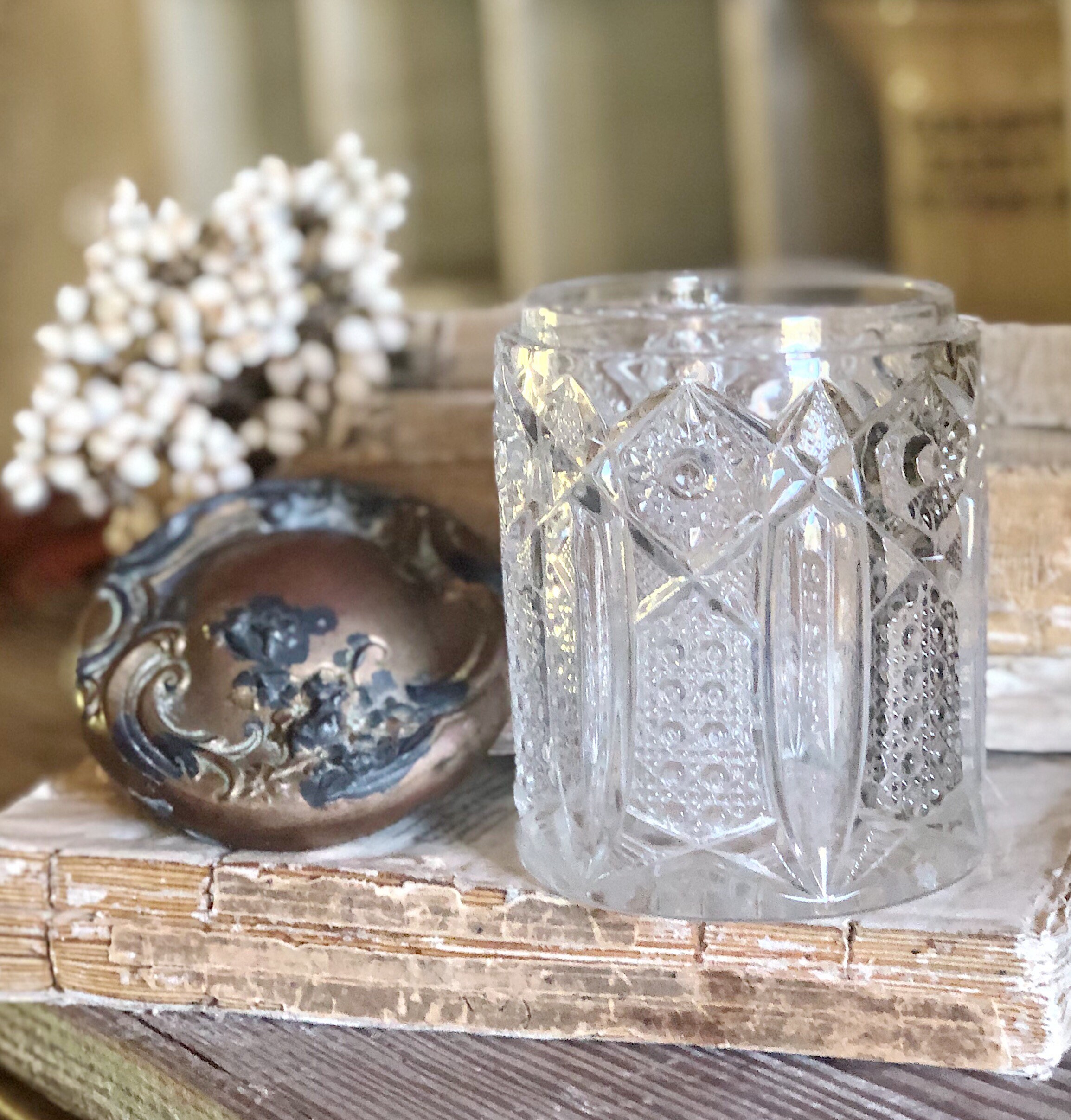 Antique Cut Glass Humidor Jar with Gold Copper Metal Lid Cast Art Nouveau