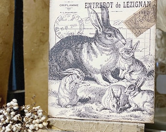 Vintage Easter Sign RABBIT FAMILY Post Card Wood Sign French Farmhouse Decor Book Page Wall Art Print Farmhouse Decor