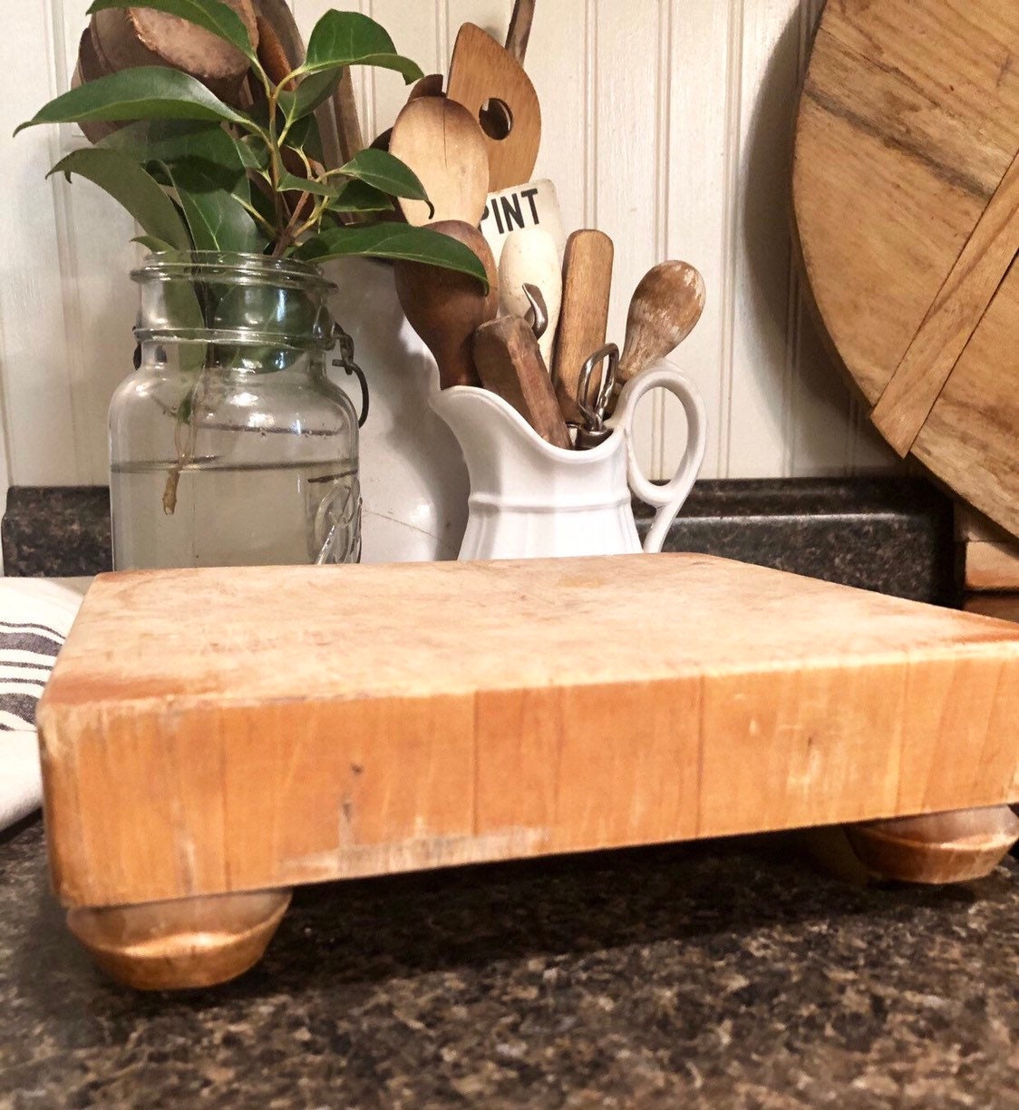 Vintage Wood Cutting Board Footed Pedestal Block Bread Board French