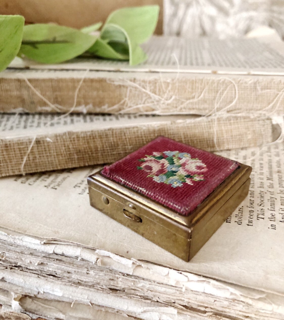 Antique Pill Box Needlepoint Box Farmhouse Decor Vanity Victorian