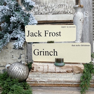 CHRISTMAS CHARACTERS Words Flash Cards LARGE Vintage Inspired Word Flashcard Set Of 8 Farmhouse Decor Holiday Primitive Jack Frost Scrooge