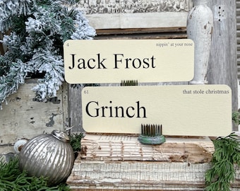 CHRISTMAS CHARACTERS Words Flash Cards LARGE Vintage Inspired Word Flashcard Set Of 8 Farmhouse Decor Holiday Primitive Jack Frost Scrooge