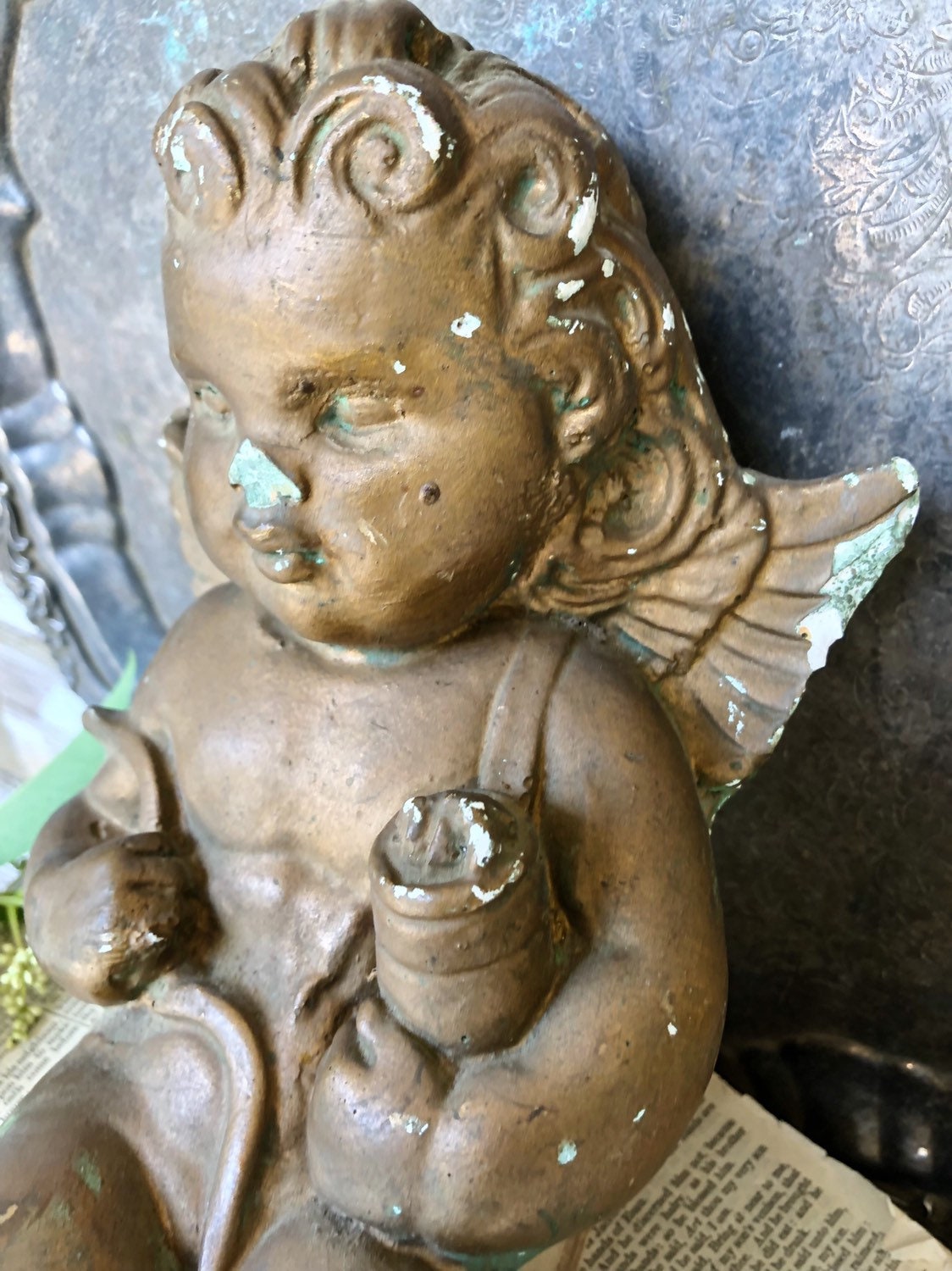 Vintage Cherub Statue Wall Hanging Farmhouse Decor Fixer Upper Decor Cement
