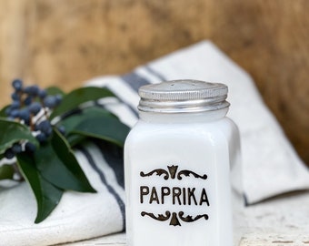 Antique Milk Glass SPICE Bottle With Lid PAPRIKA Farmhouse Kitchen Decor Seasoning Jar