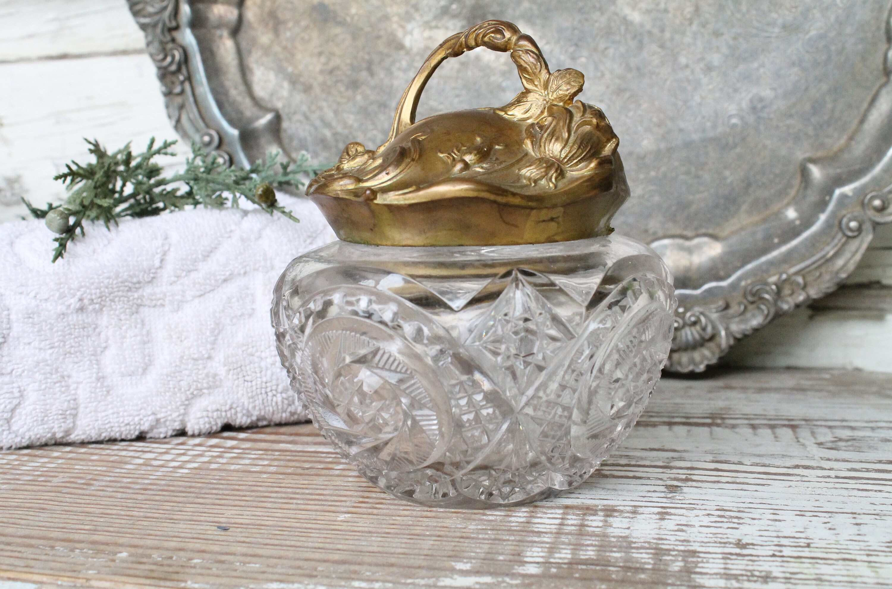 Antique Cut Glass Jar with Gold Lid Cast Art Nouveau Gold Vanity Box