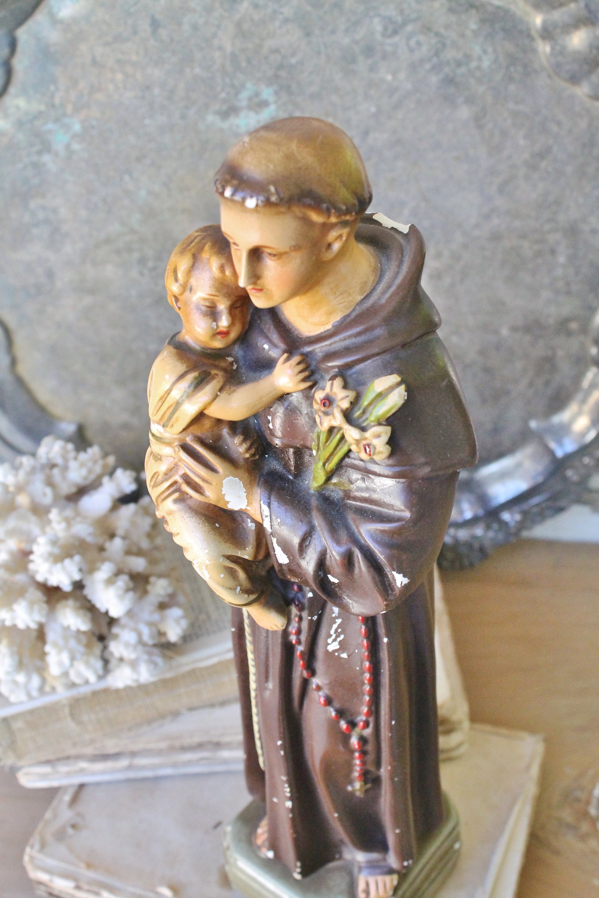 Antique Saint Anthony Statue Figurine with Baby Jesus Chalk Ware LARGE