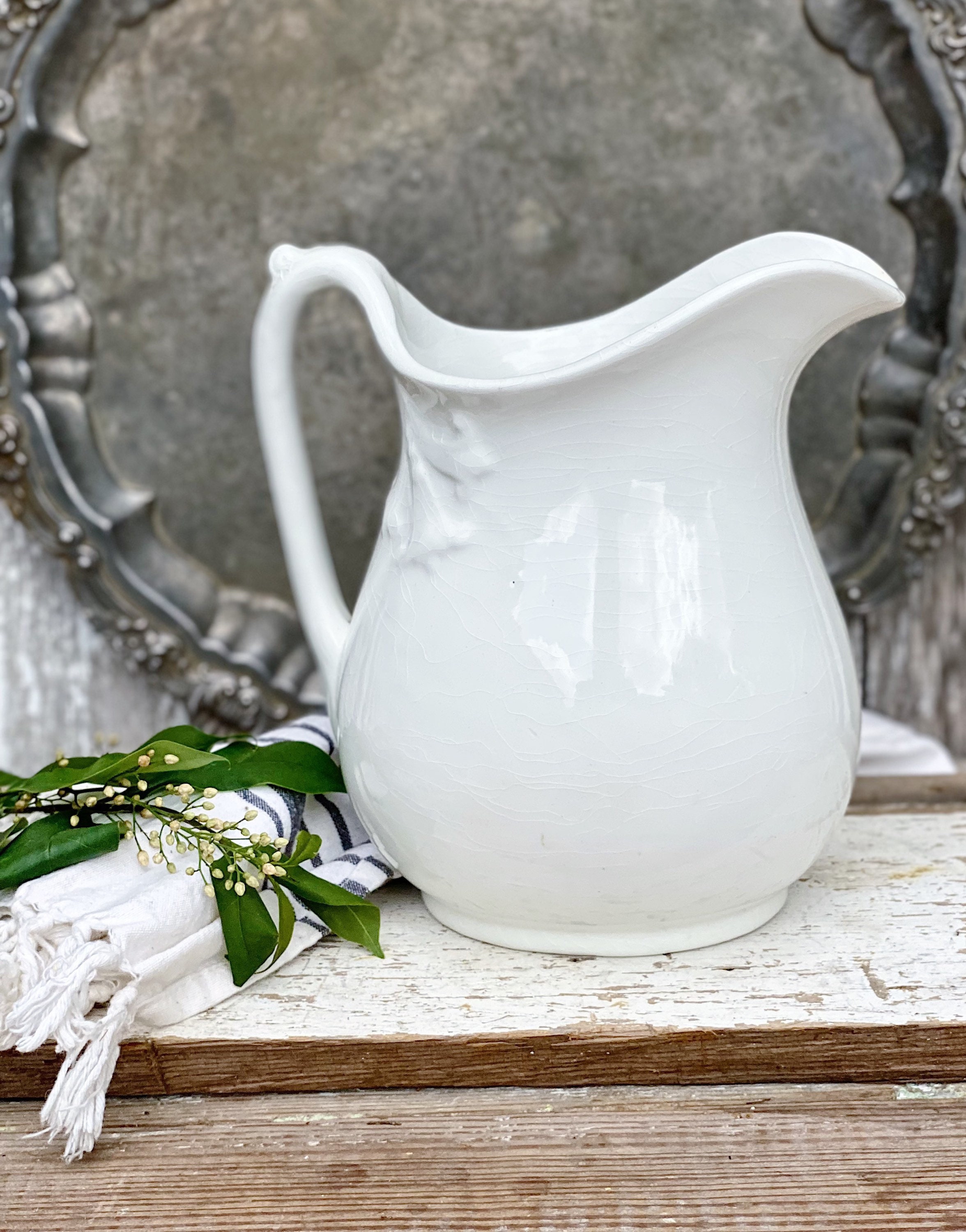 Antique White Pitcher Milk Jug Ironstone With Handle Farmhouse Cottage Chic  Vintage Kitchen Table Decor White Vase 