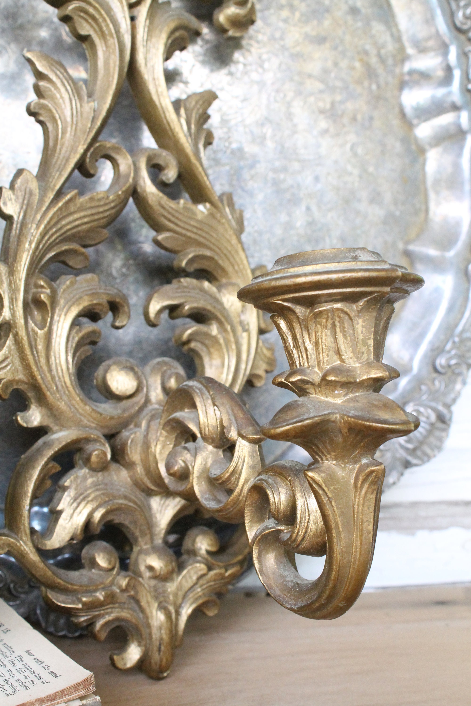 Vintage Gold Floral Candle Sconce French Farmhouse Fixer Upper